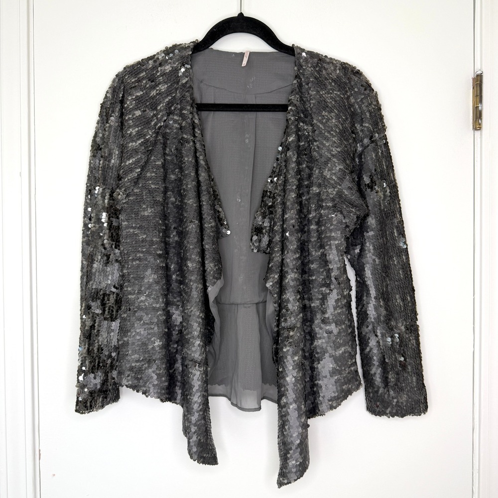 Free People Charcoal Grey Sequin Open Front Jacket Blazer Small